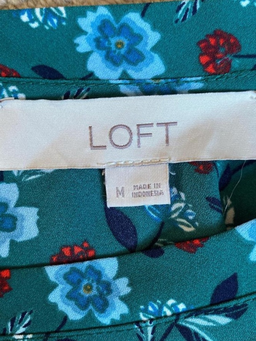 LOFT Green Floral Short Sleeve Top with Blue & Burgundy Accents - Picture 3 of 3